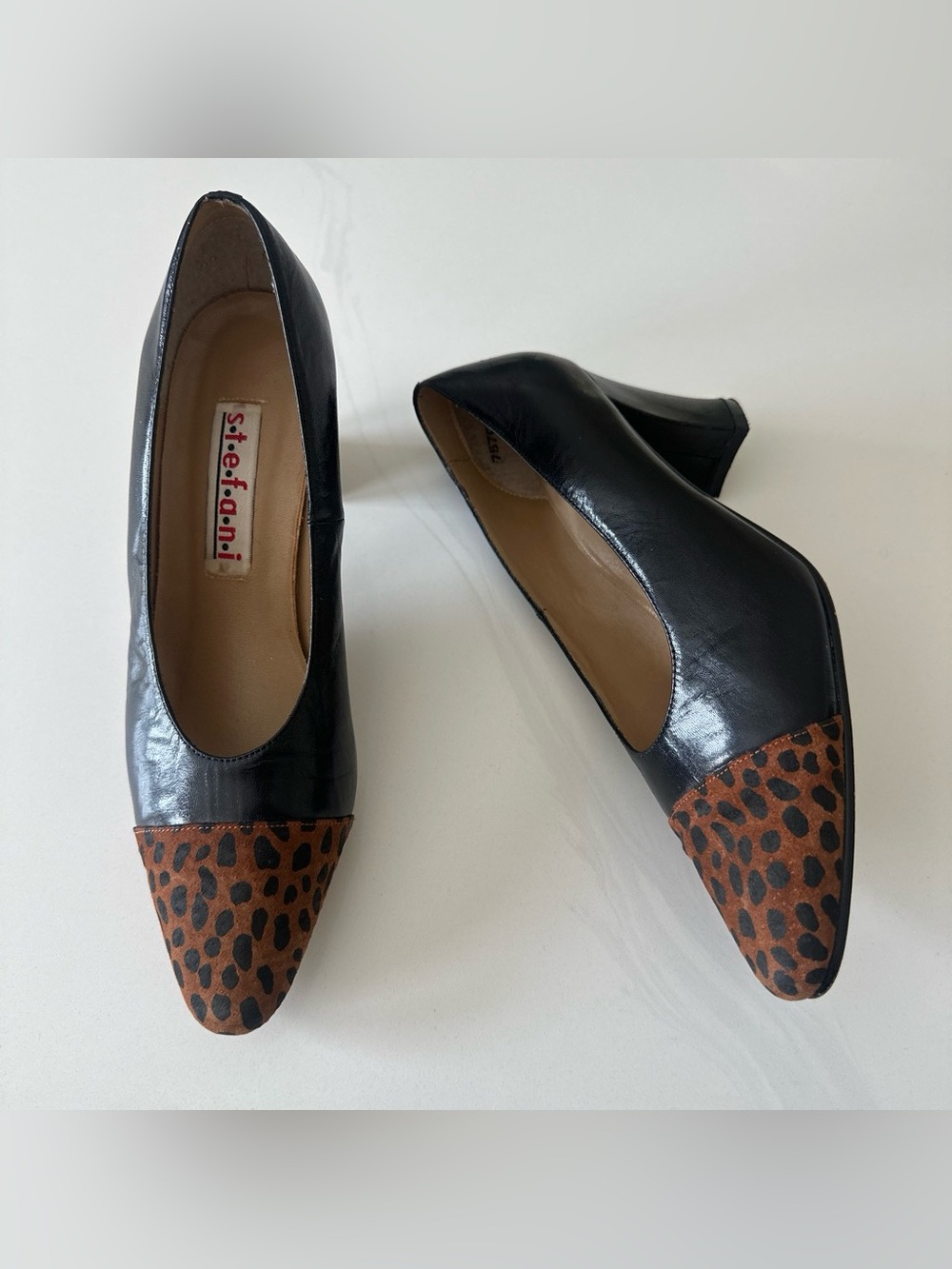 Stefanel Black Leather Pumps with Leopard-Print Brown Toe Cap